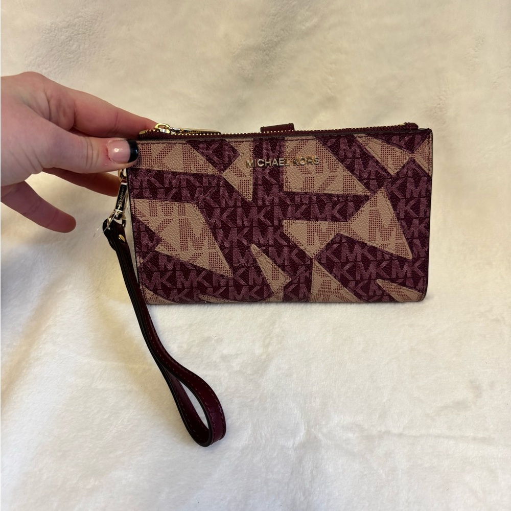 Michael Kors Geometric Burgundy and Tan Wristlet